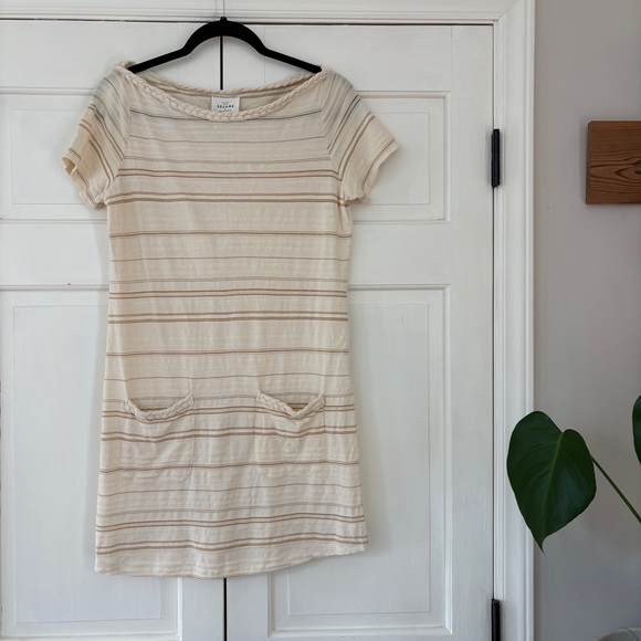 Sezane Diane Dress Beige Gold Cream Striped Mini Dress Size Medium Quiet Luxury - Picture 2 of 14